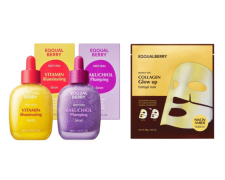 EQQUALBERRY BUNDLE # 1 Eqqualberry Bakuchiol Plumping Serum - 30ml Eqqualberry Vitamin Illuminating Serum - 30ml Eqqualberry Collagen Glow up Hydrogel Mask I Sheet 30g
